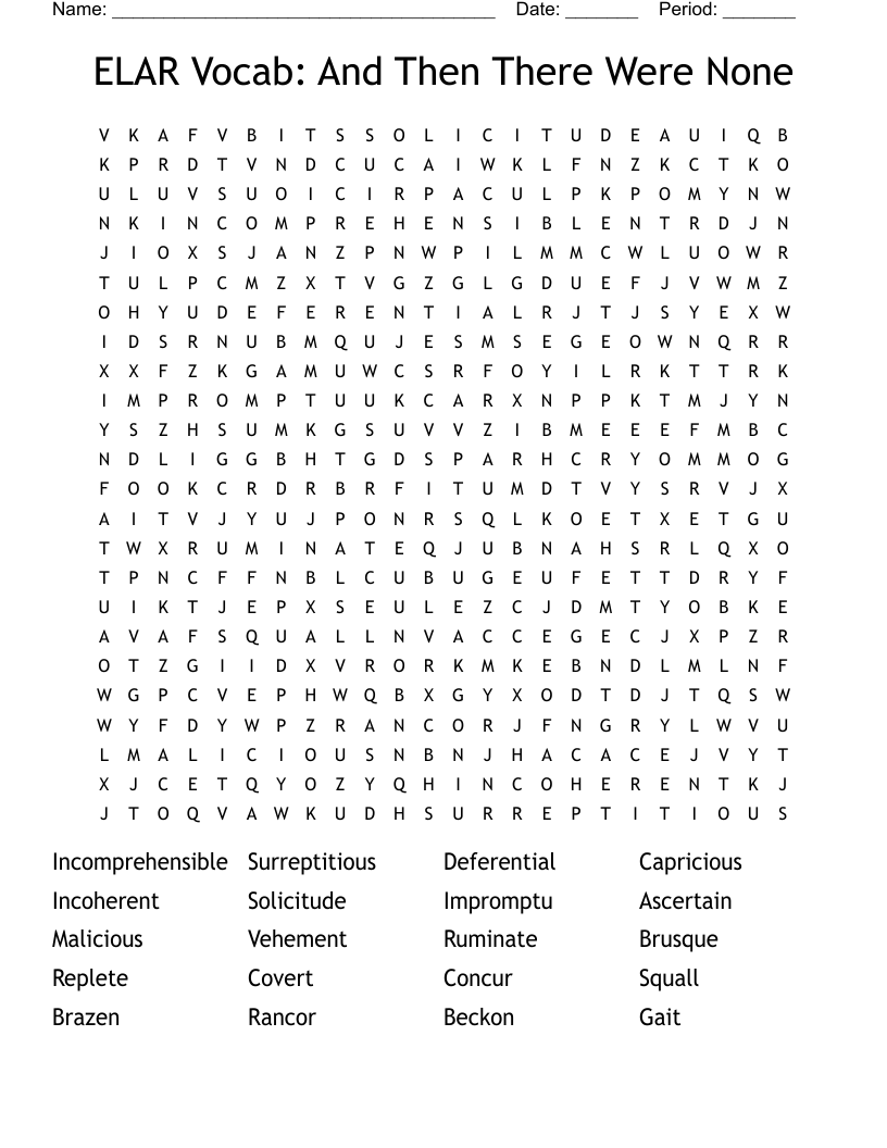 ELAR Vocab: And Then There Were None Word Search
