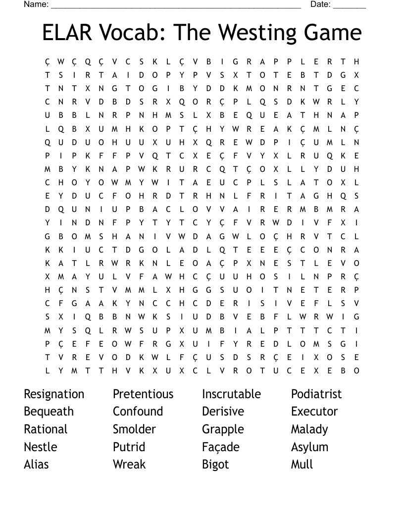 ELAR Vocab: The Westing Game Word Search