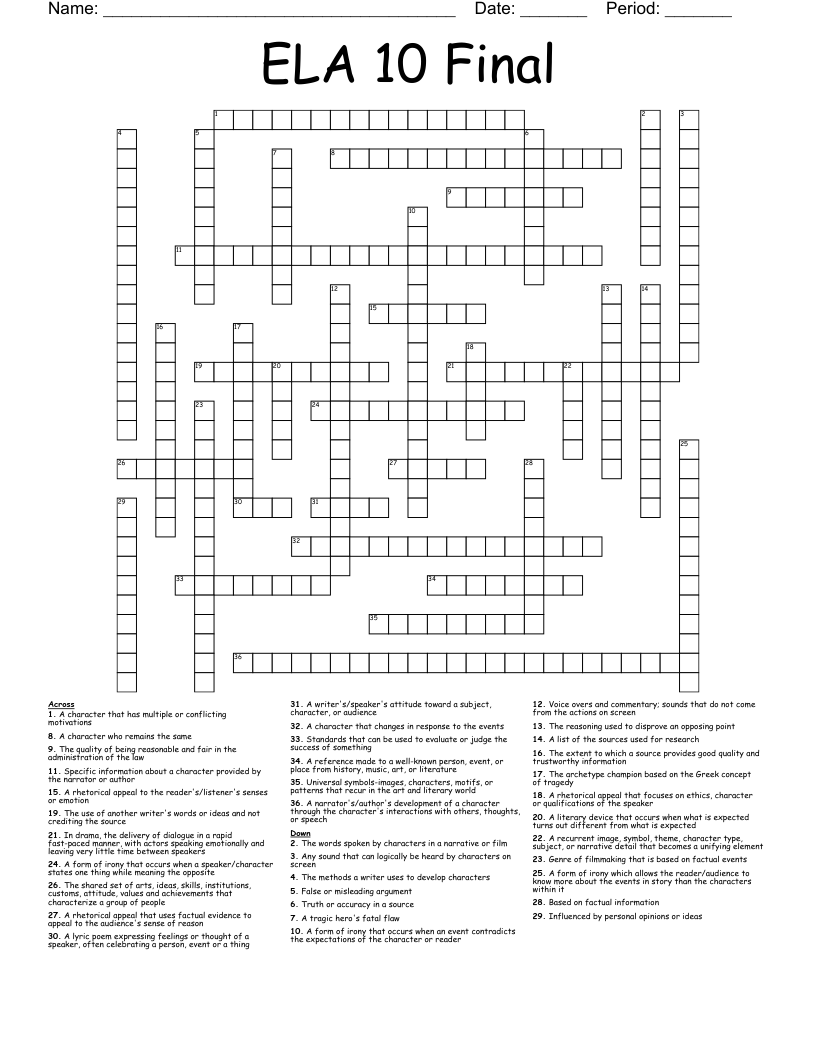 ELA 10 Final Crossword