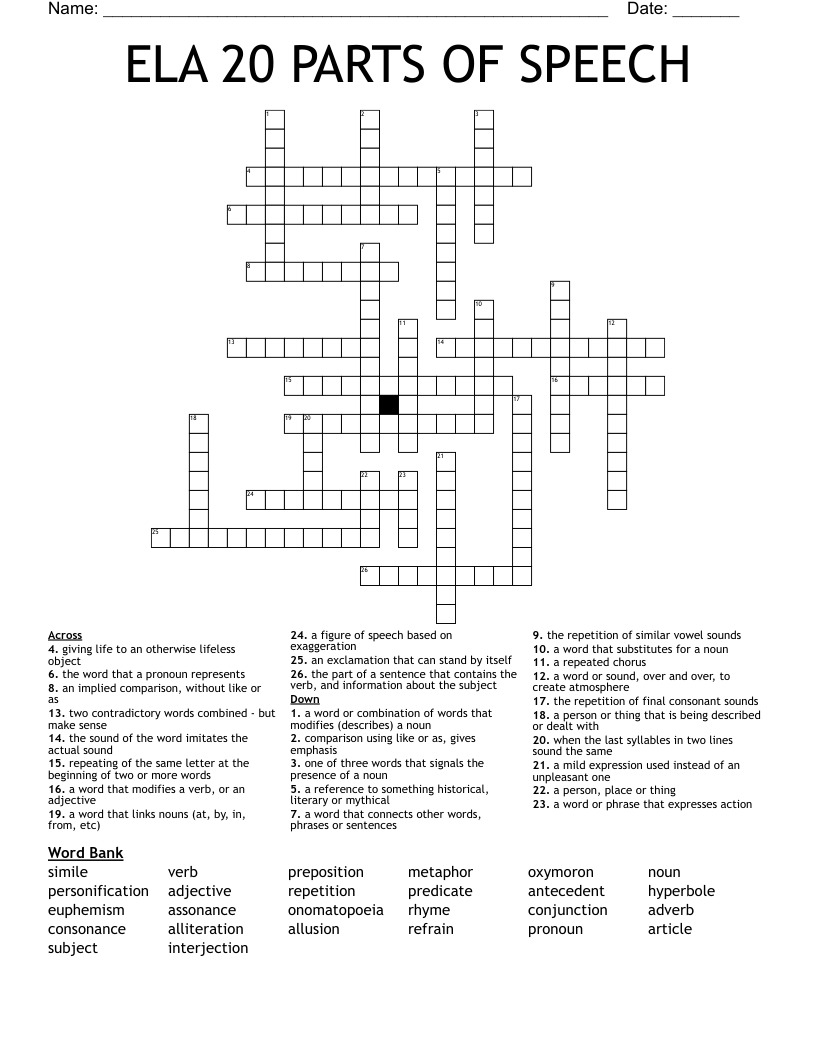 ELA 20 PARTS OF SPEECH Crossword