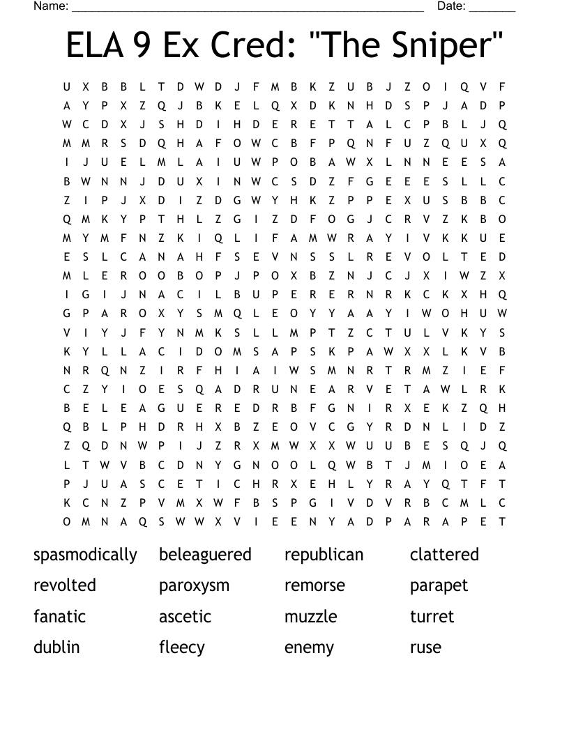 ELA 9 Ex Cred: "The Sniper" Word Search