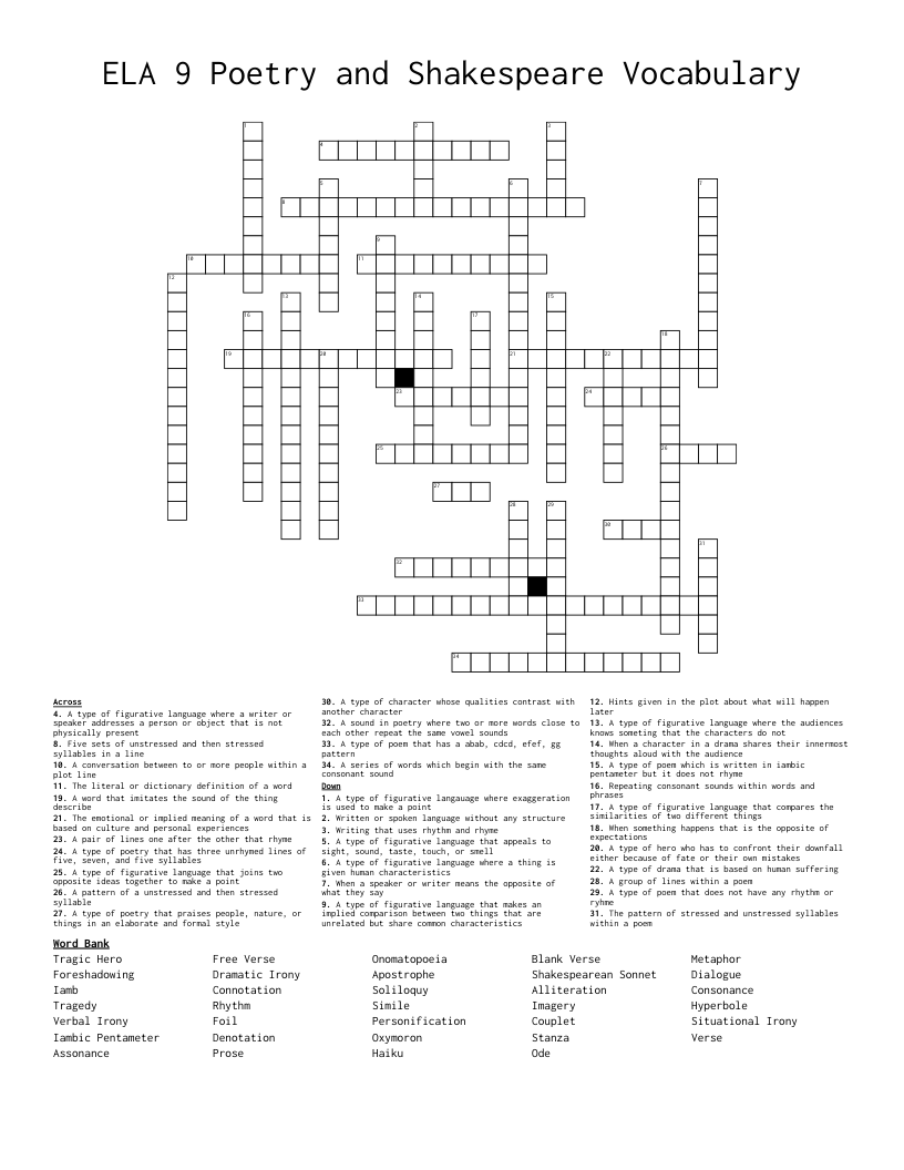 ELA 9 Poetry and Shakespeare Vocabulary  Crossword