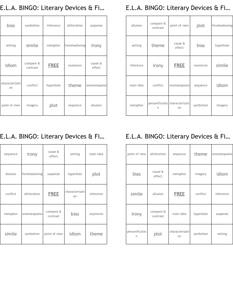 E.L.A. BINGO: Literary Devices & Figurative Language