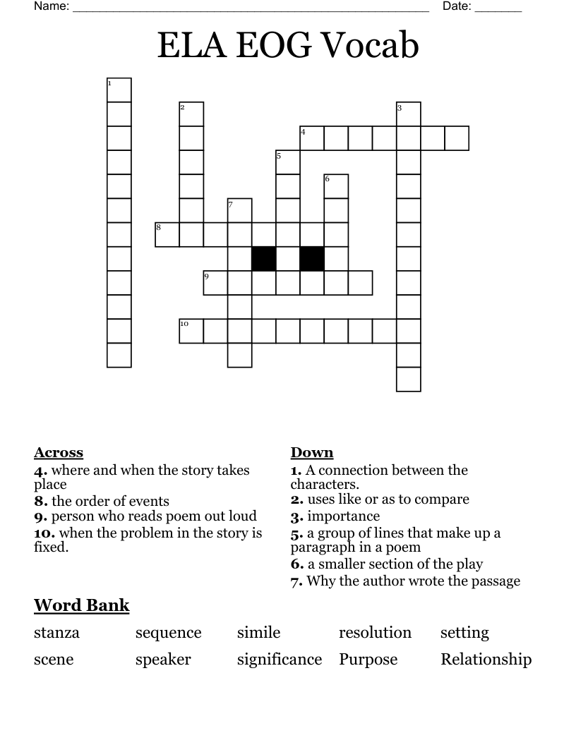 ELA EOG Vocab Crossword