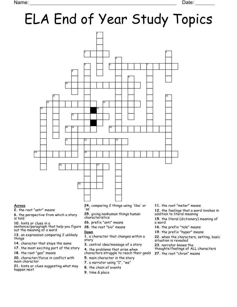 ELA End of Year Study Topics Crossword