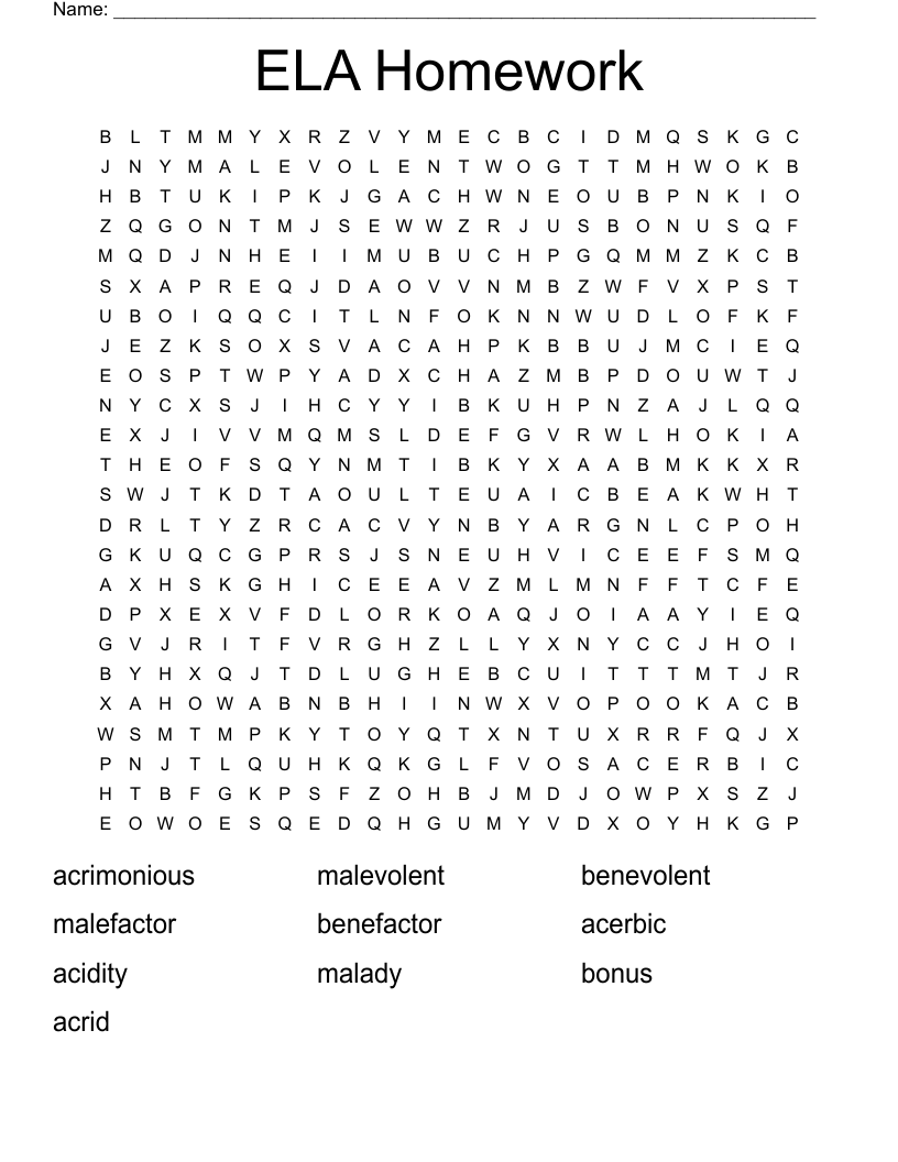 ELA Homework Word Search
