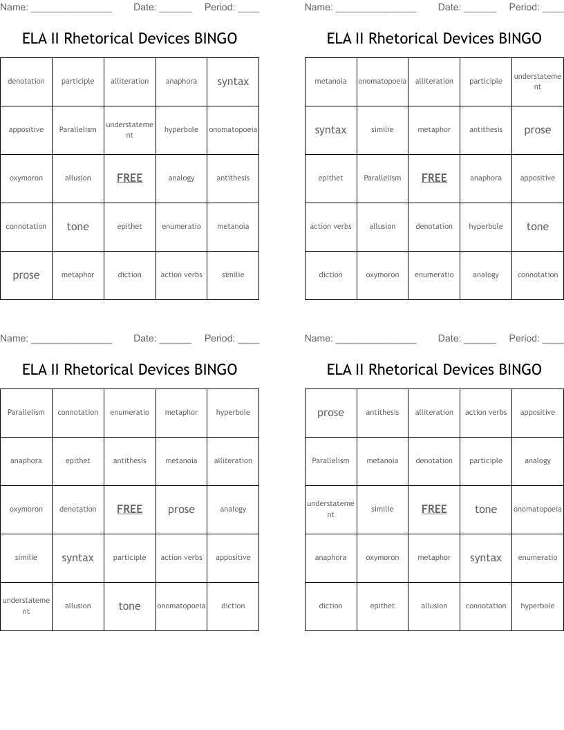ELA II Rhetorical Devices BINGO