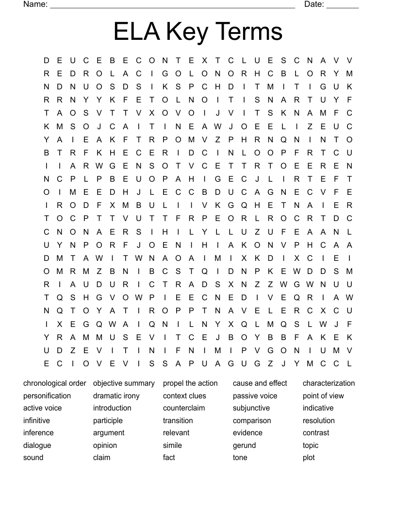 ELA Key Terms Word Search