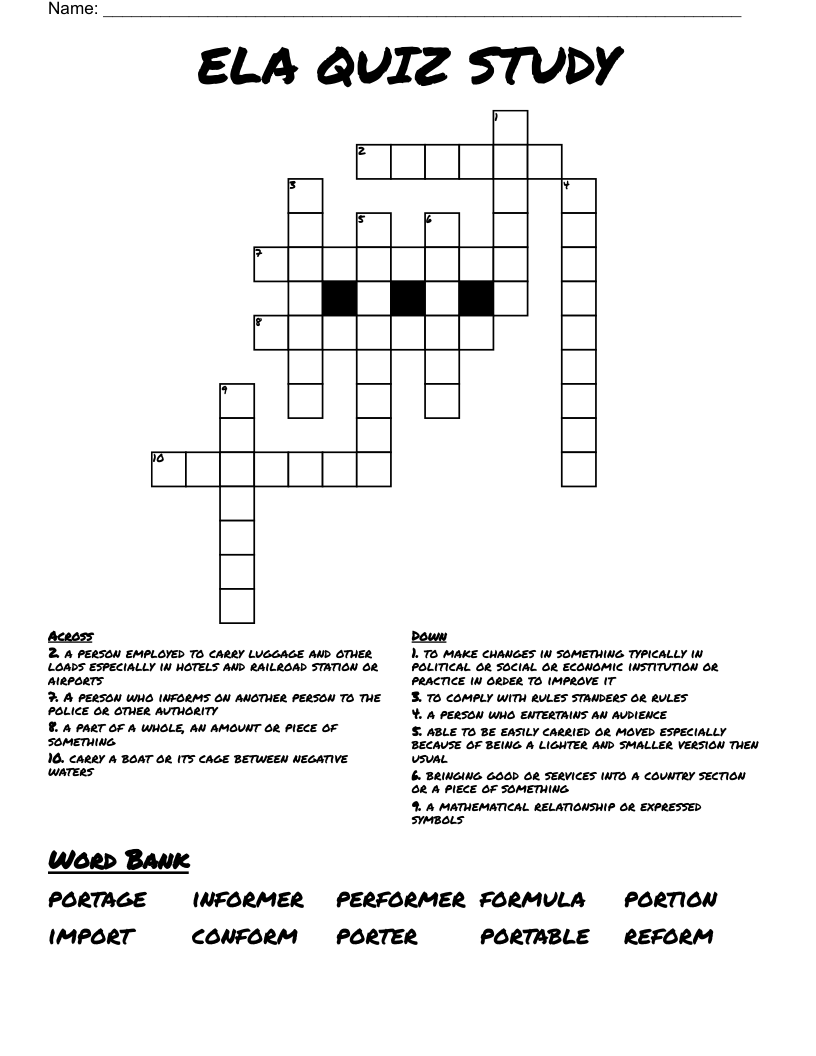ELA QUIZ STUDY Crossword