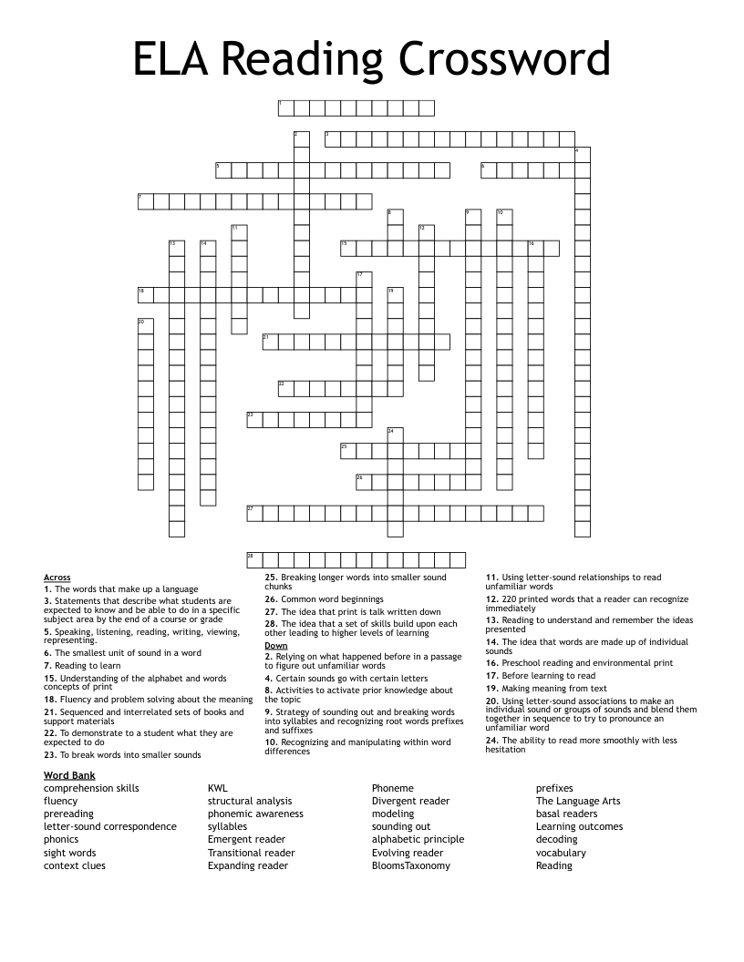 ELA Reading Crossword