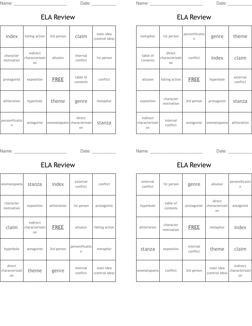 ELA Review Bingo Cards