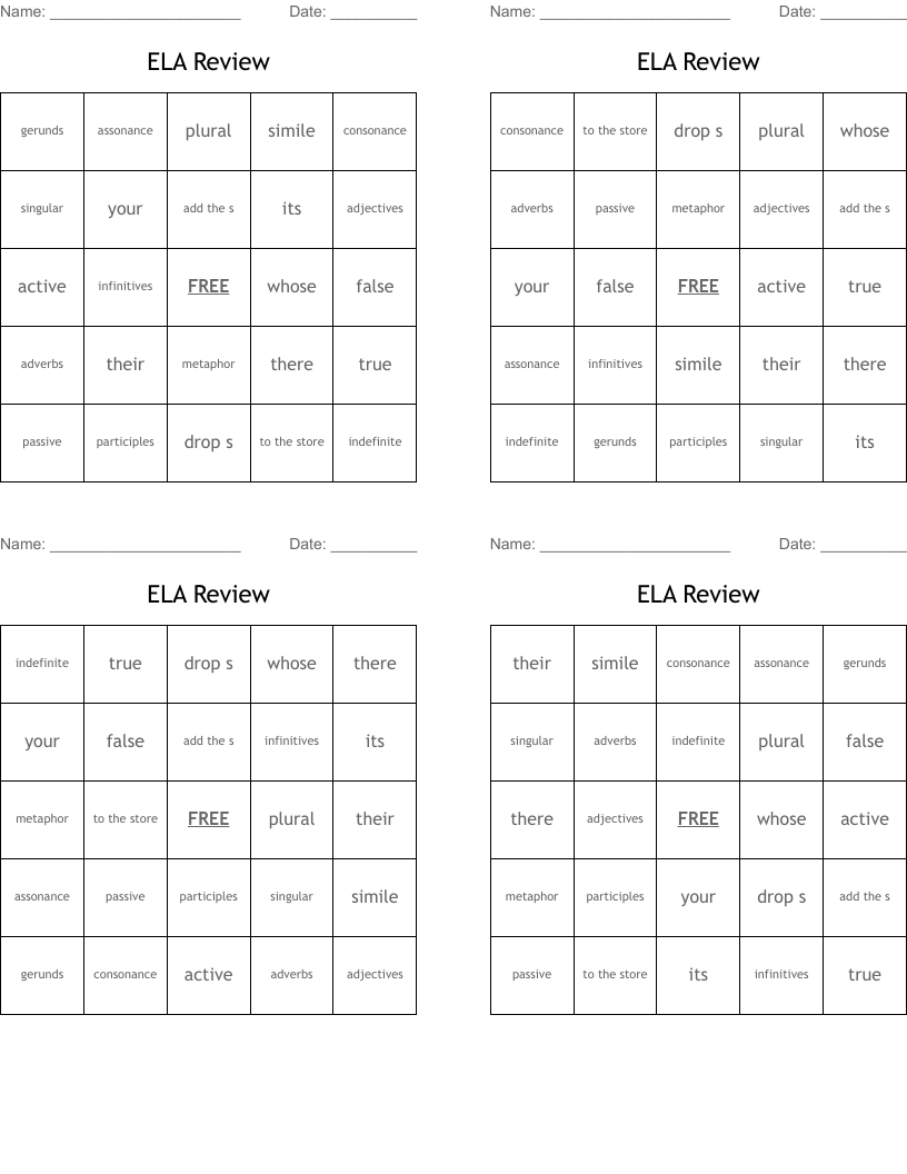 ELA Review Bingo Cards