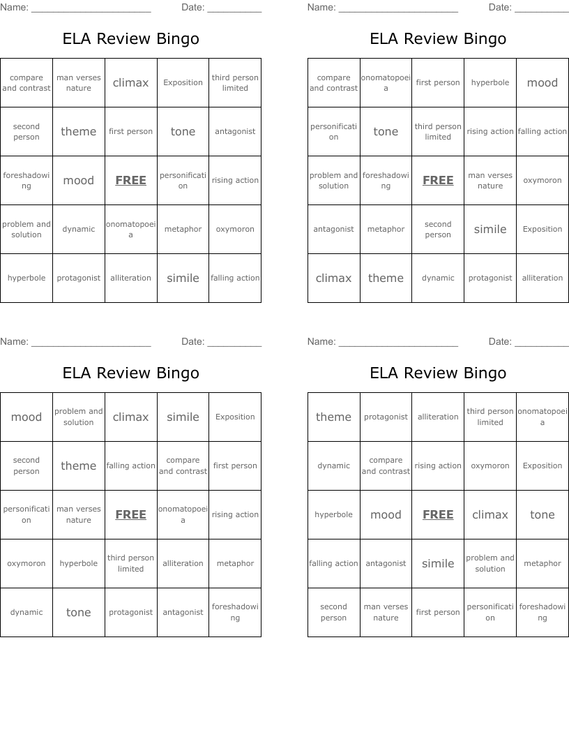 ELA Review Bingo