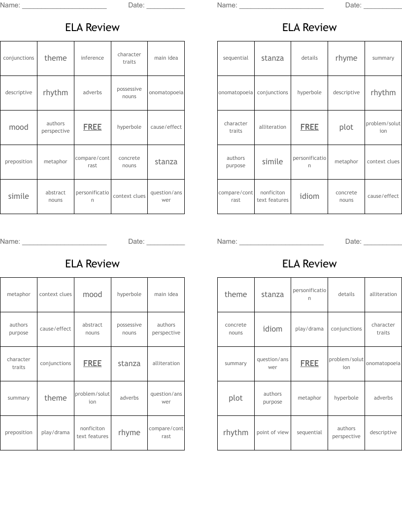ELA Review  Bingo Cards