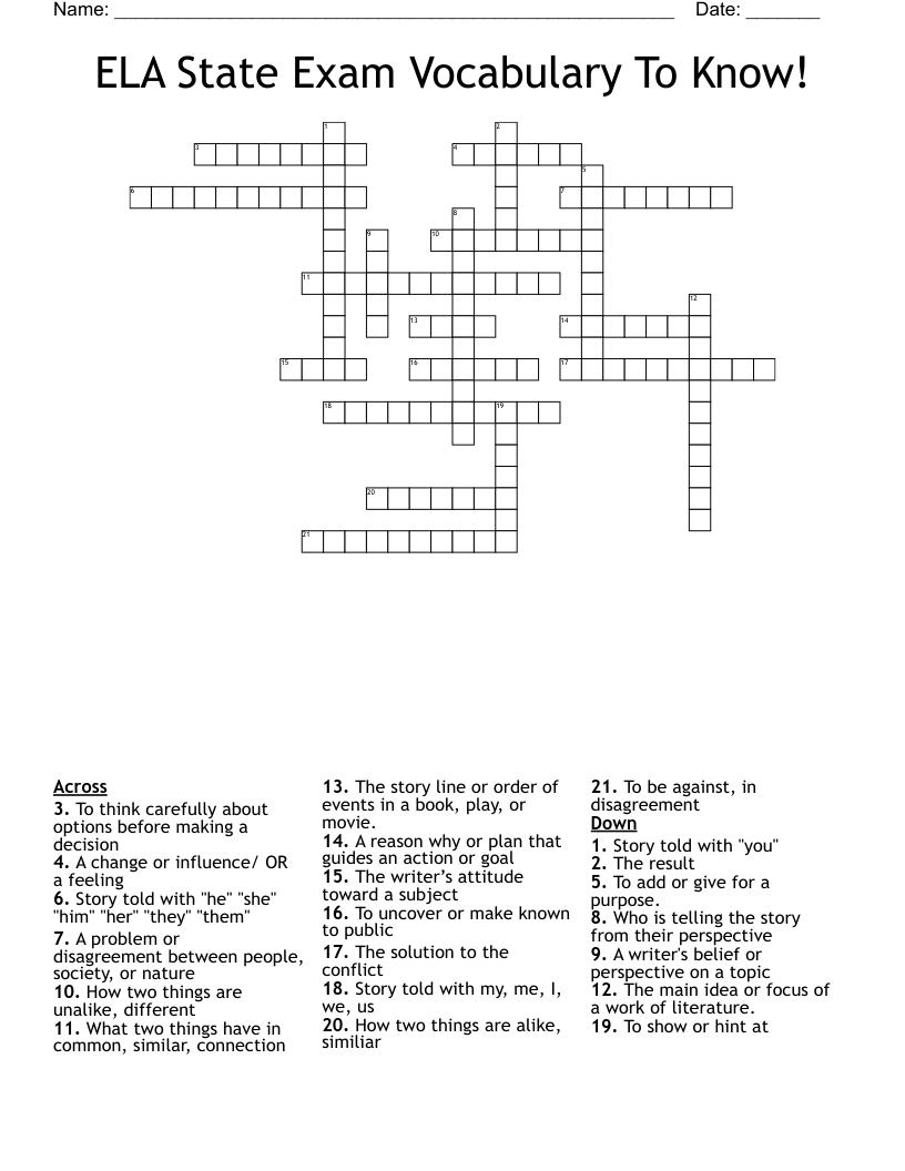 ELA State Exam Vocabulary To Know! Crossword