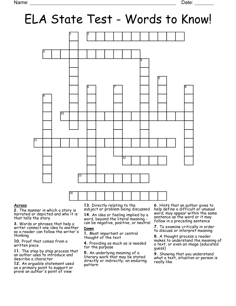 ELA State Test - Words to Know! Crossword