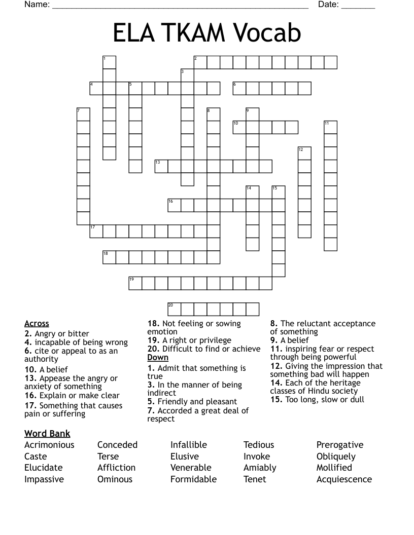 ELA TKAM Vocab Crossword