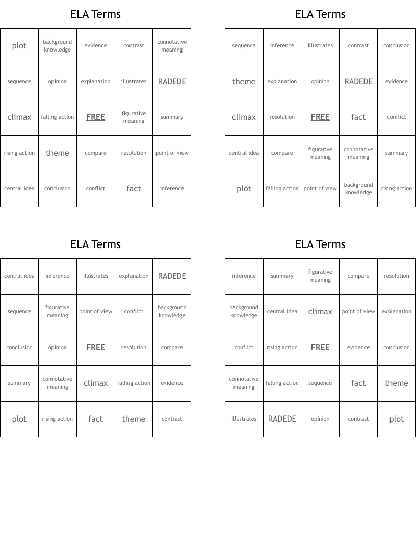 ELA Terms Bingo Cards