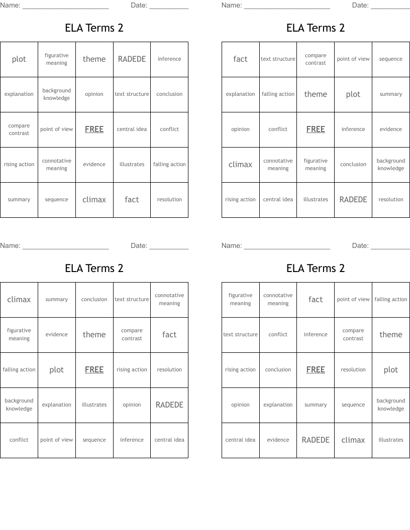 ELA Terms 2 Bingo Cards
