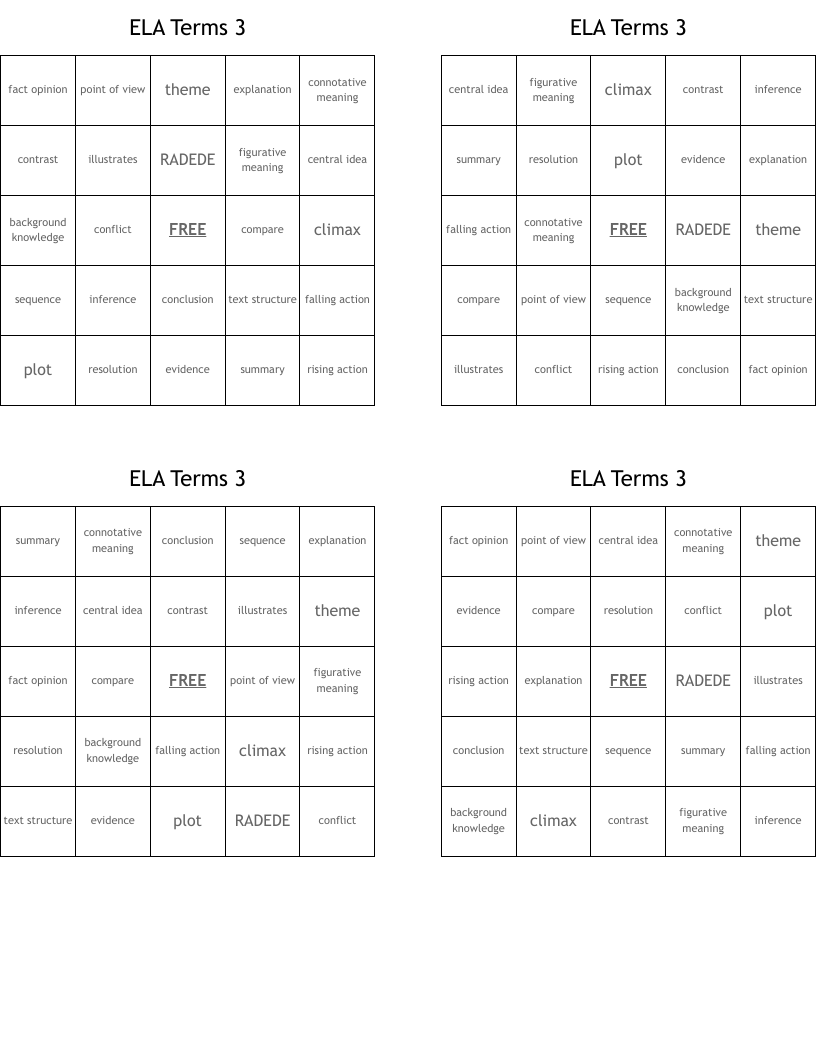 ELA Terms 3 Bingo Cards