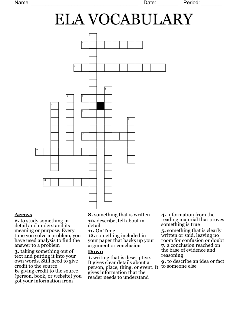 ELA VOCABULARY Crossword