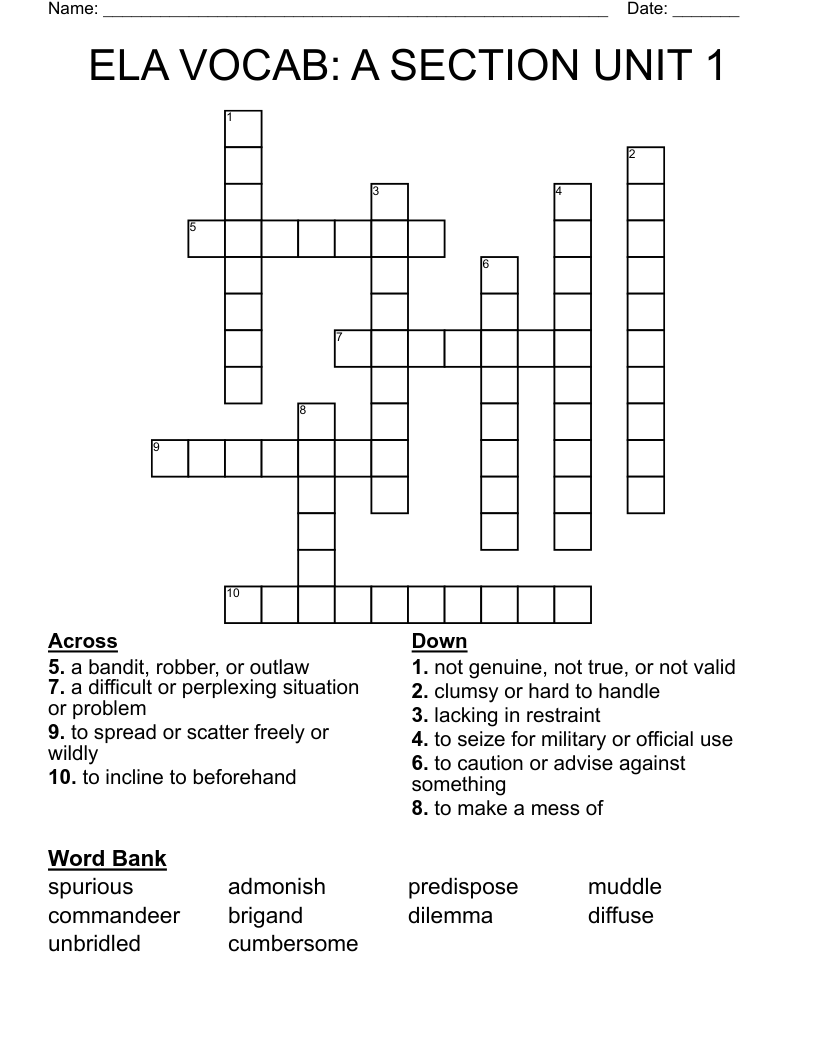 ELA VOCAB: A SECTION UNIT 1 Crossword