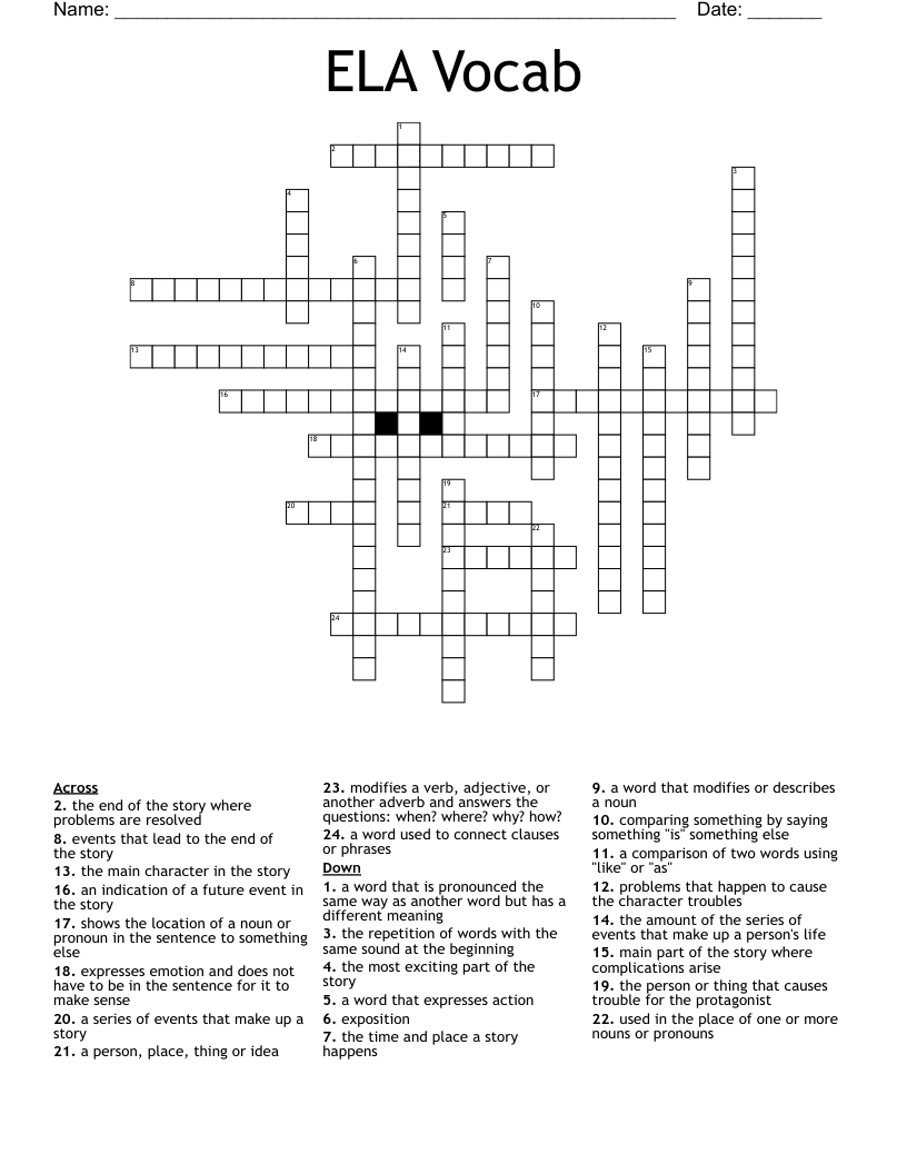 ELA Vocab Crossword