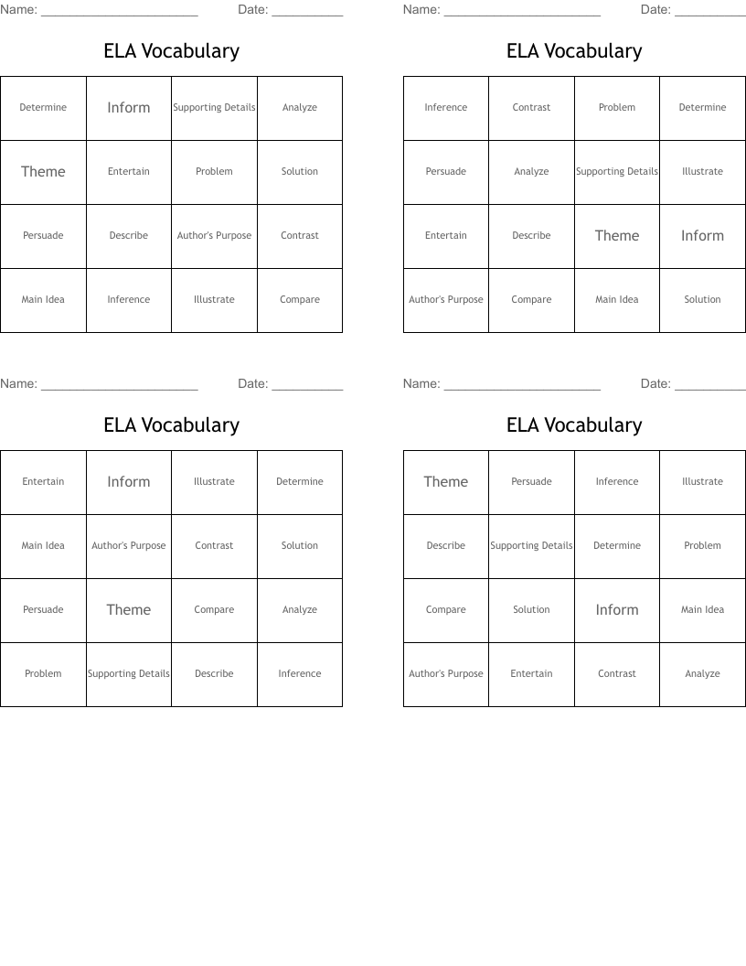 ELA Vocabulary Bingo Cards