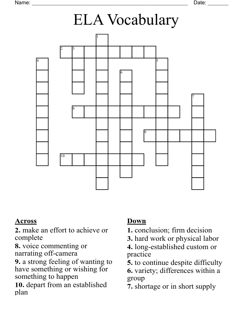 ELA Vocabulary Crossword