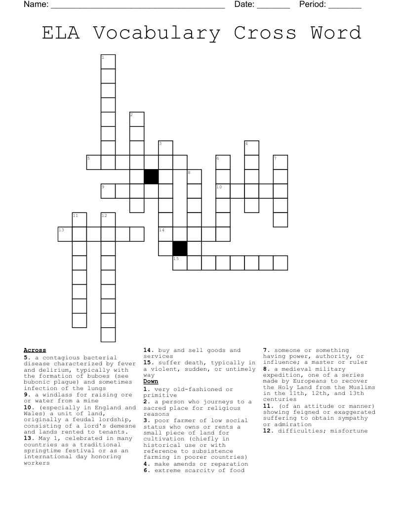 ELA Vocabulary Cross Word