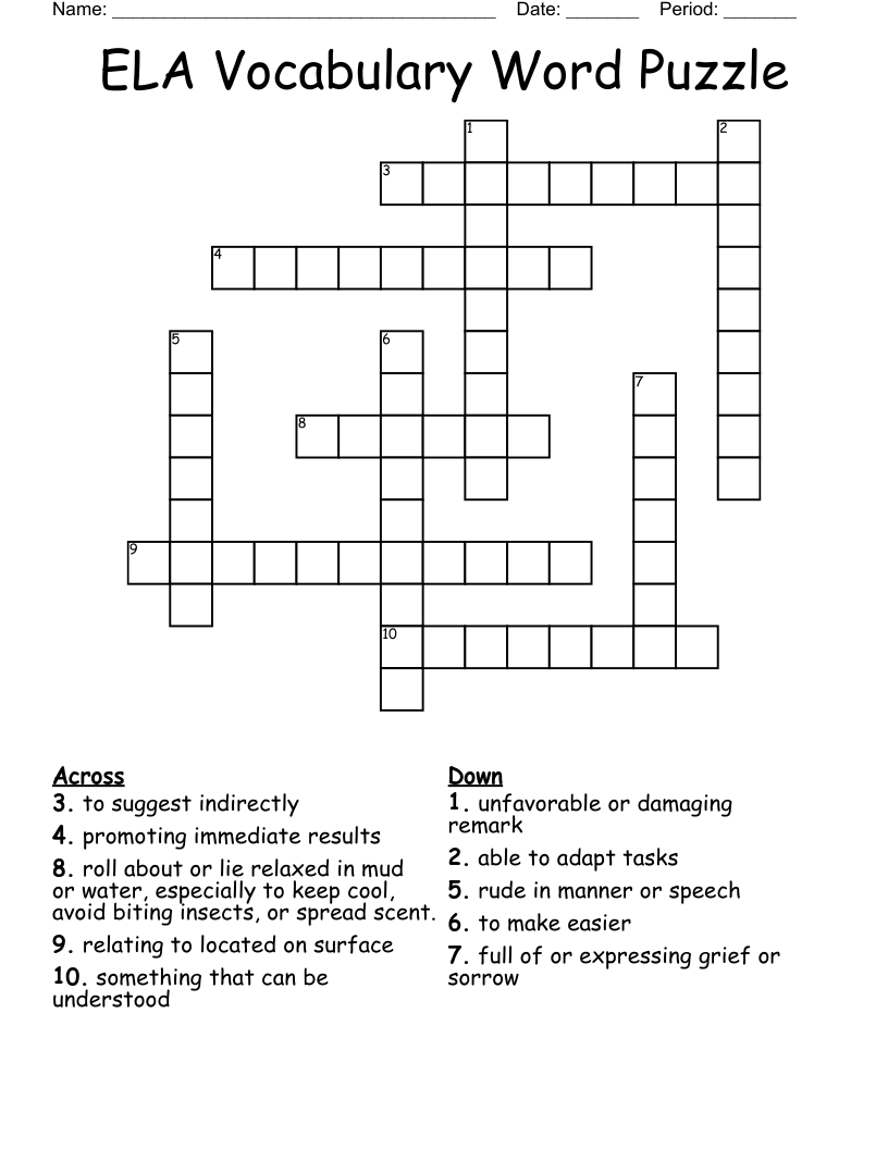 ELA Vocabulary Word Puzzle  Crossword