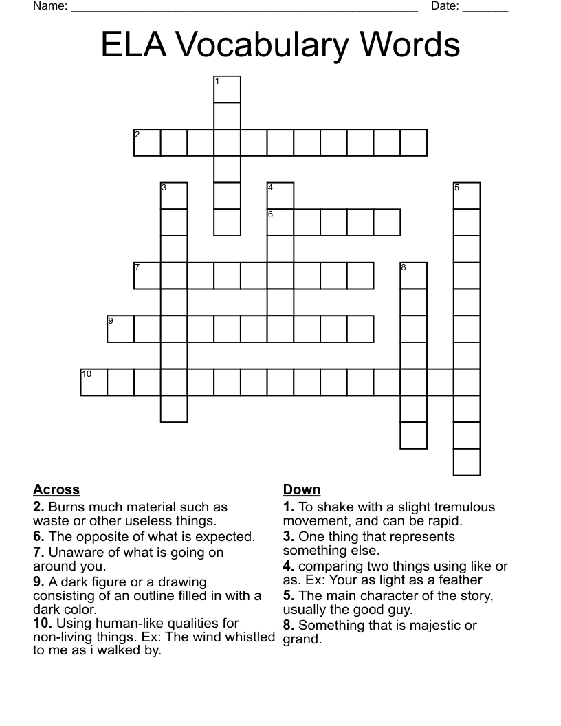 ELA Vocabulary Words Crossword