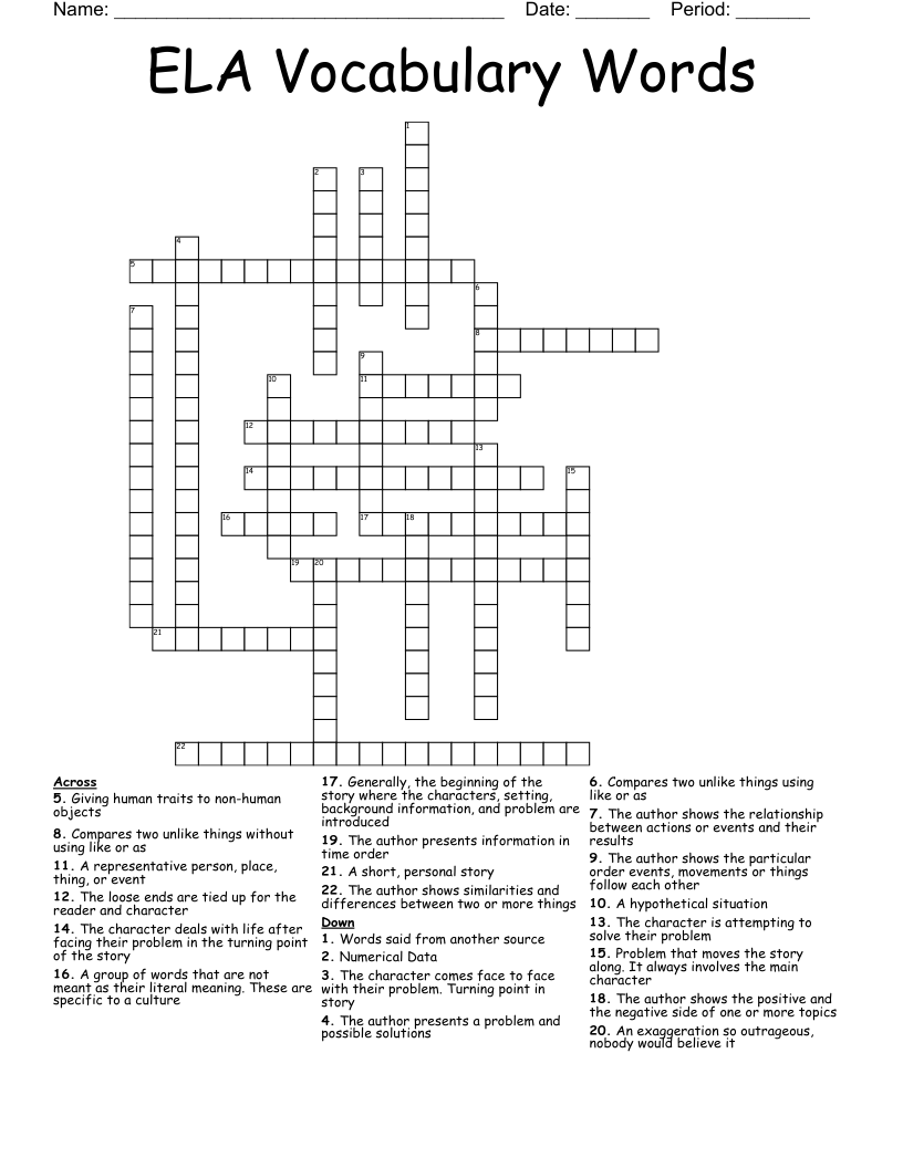 ELA Vocabulary Words Crossword