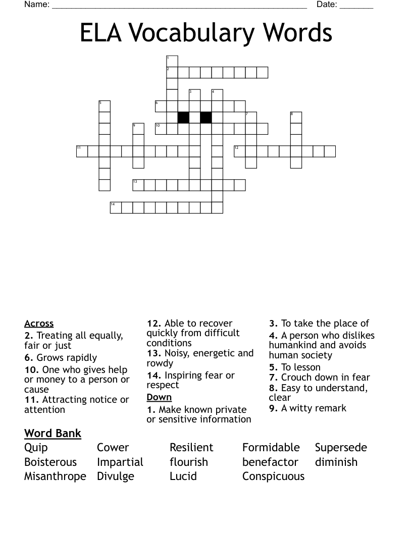 ELA Vocabulary Words Crossword