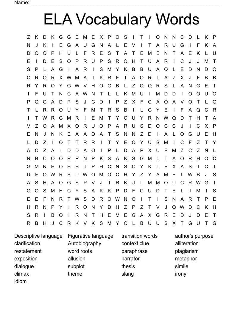 ELA Vocabulary Words Word Search