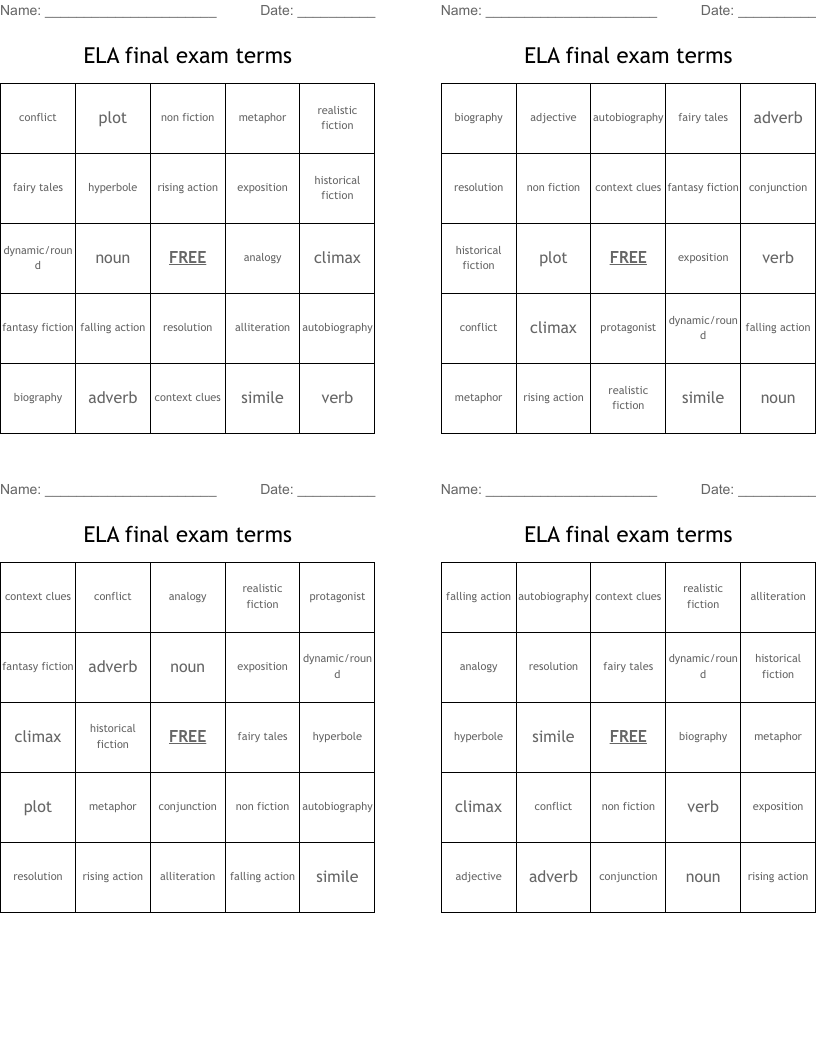 ELA final exam terms Bingo Cards