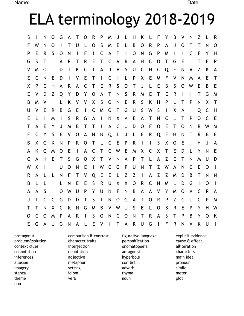 ELA terminology 2018-2019 Word Search