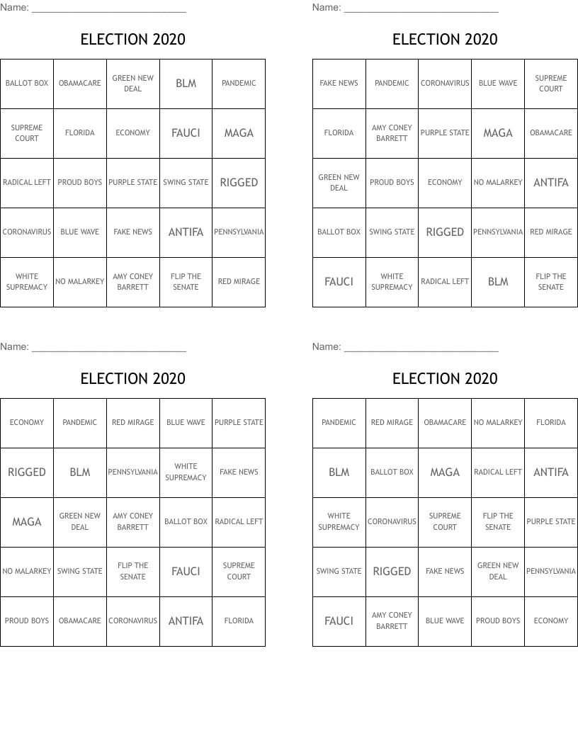 ELECTION 2020 Bingo Cards