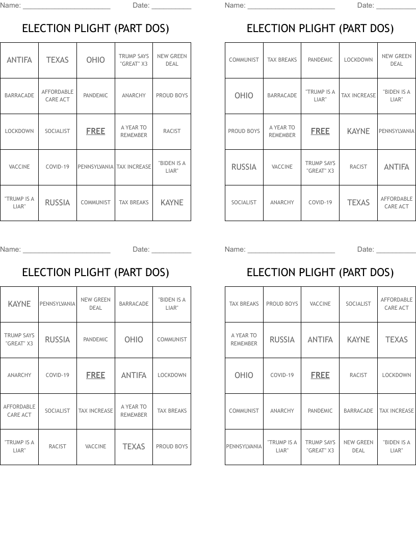 ELECTION PLIGHT (PART DOS) Bingo Cards