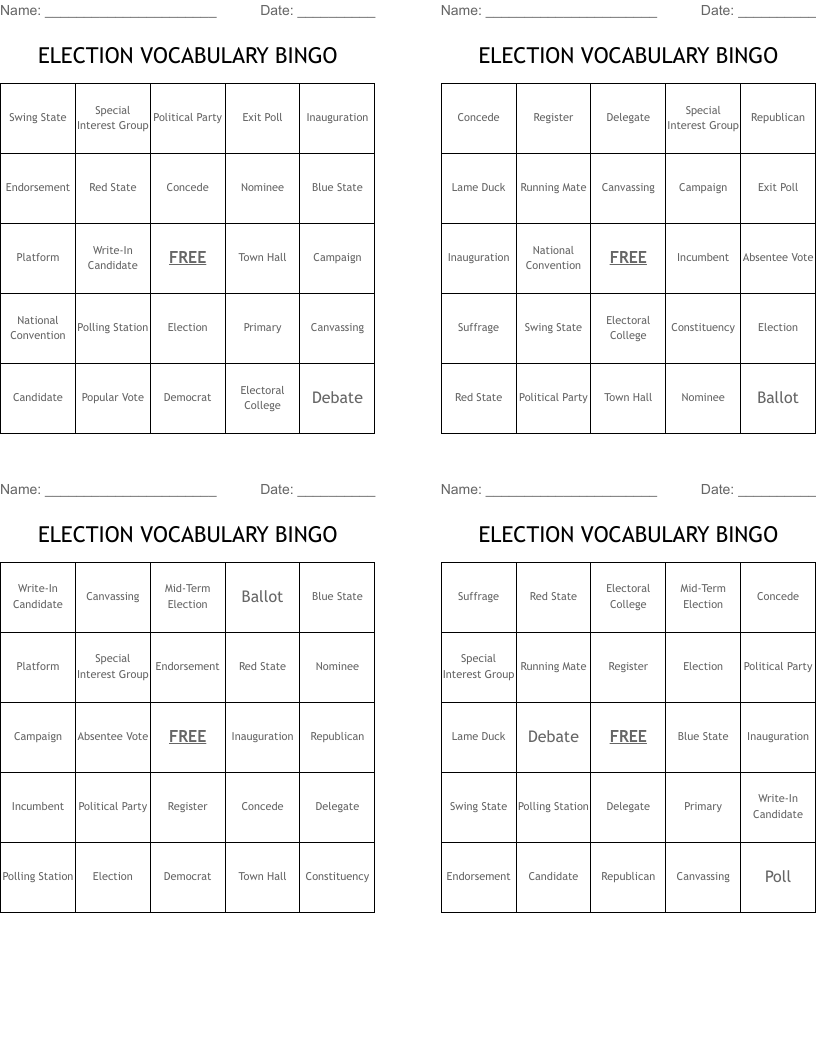 ELECTION VOCABULARY BINGO