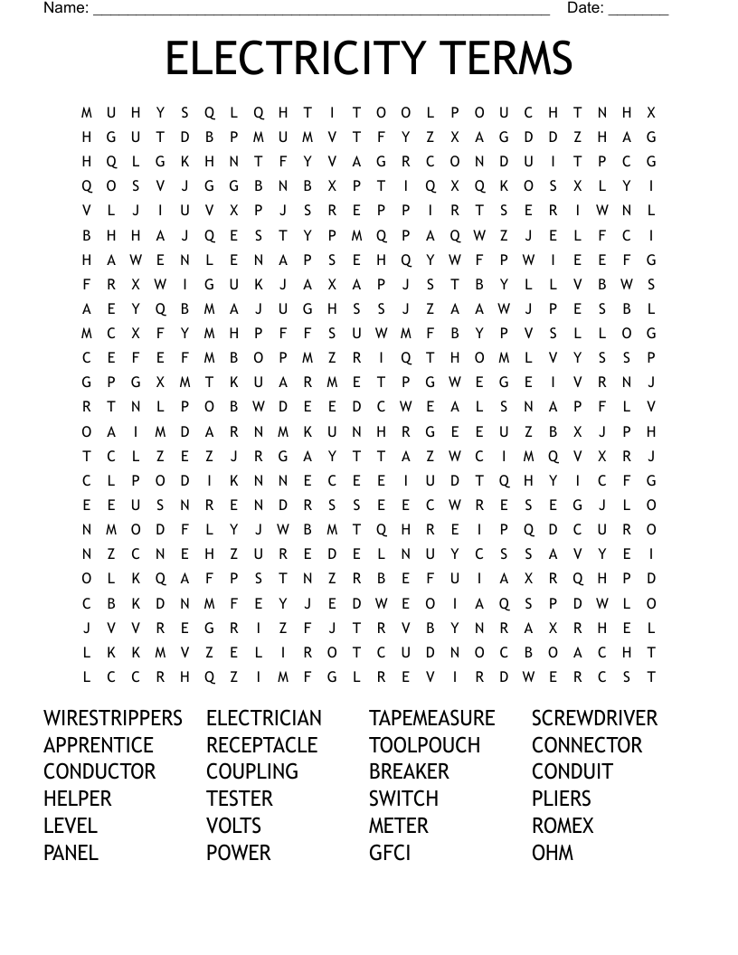 ELECTRICITY TERMS Word Search
