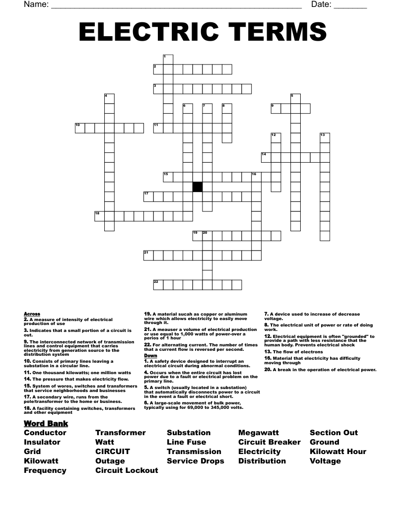 ELECTRIC TERMS Crossword