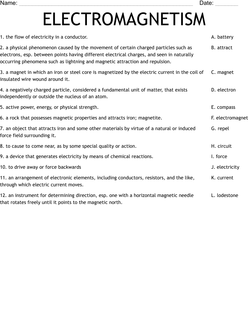 ELECTROMAGNETISM Worksheet