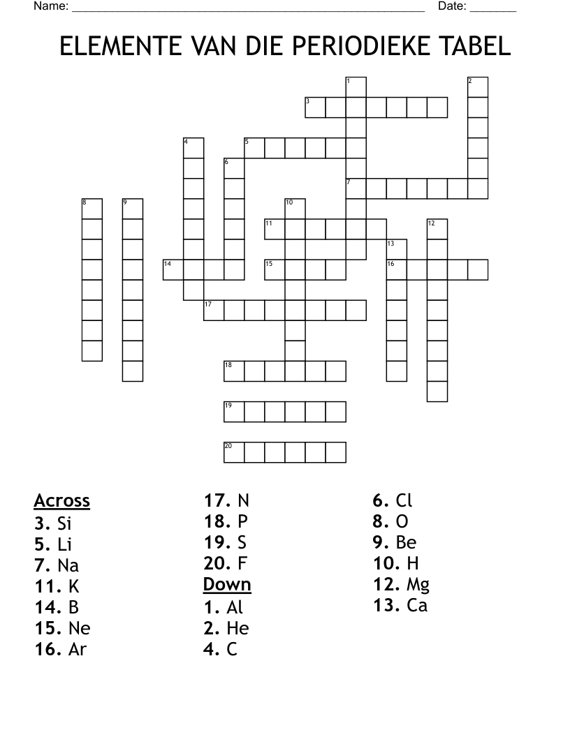 ELEMENTE VAN DIE PERIODIEKE TABEL Crossword