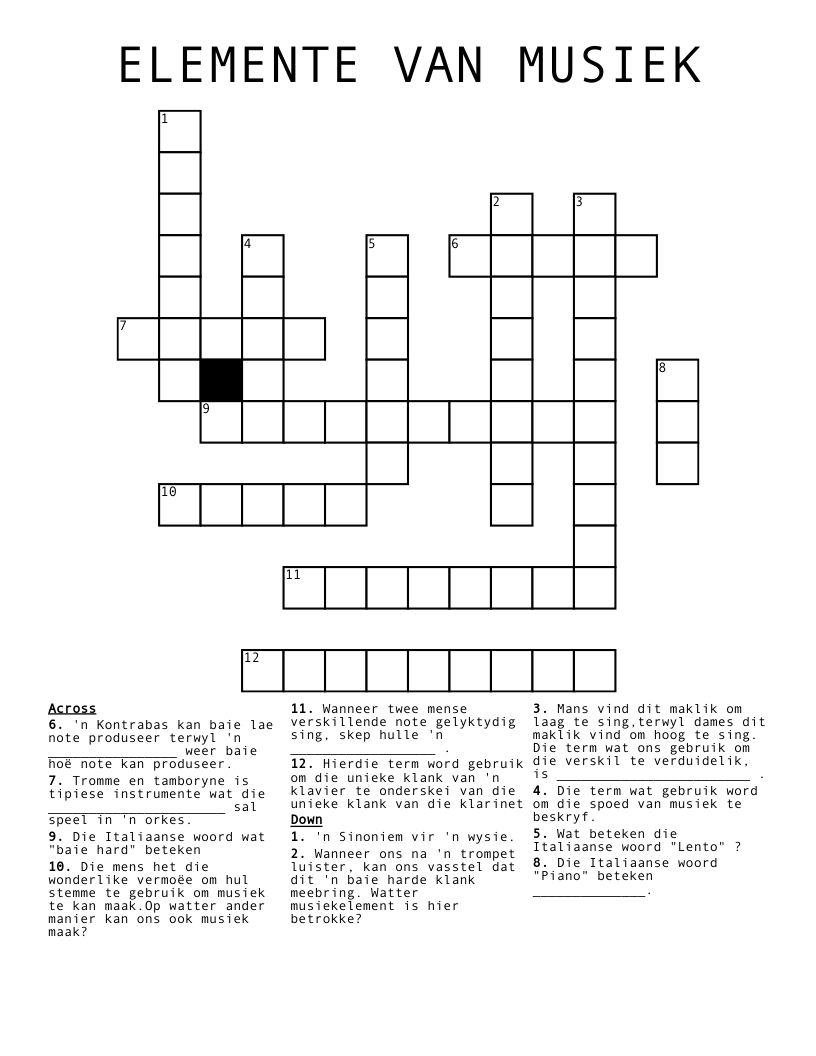 ELEMENTE VAN MUSIEK Crossword