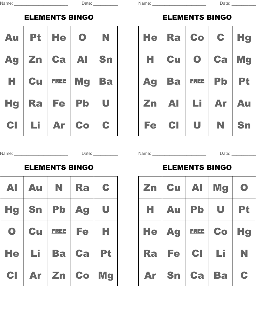 ELEMENTS BINGO