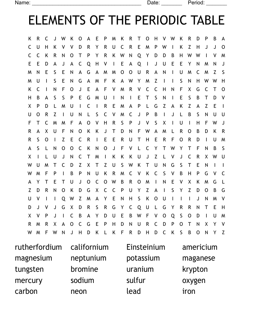 ELEMENTS OF THE PERIODIC TABLE  Word Search