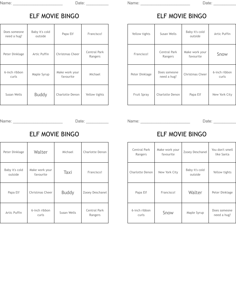 ELF MOVIE BINGO