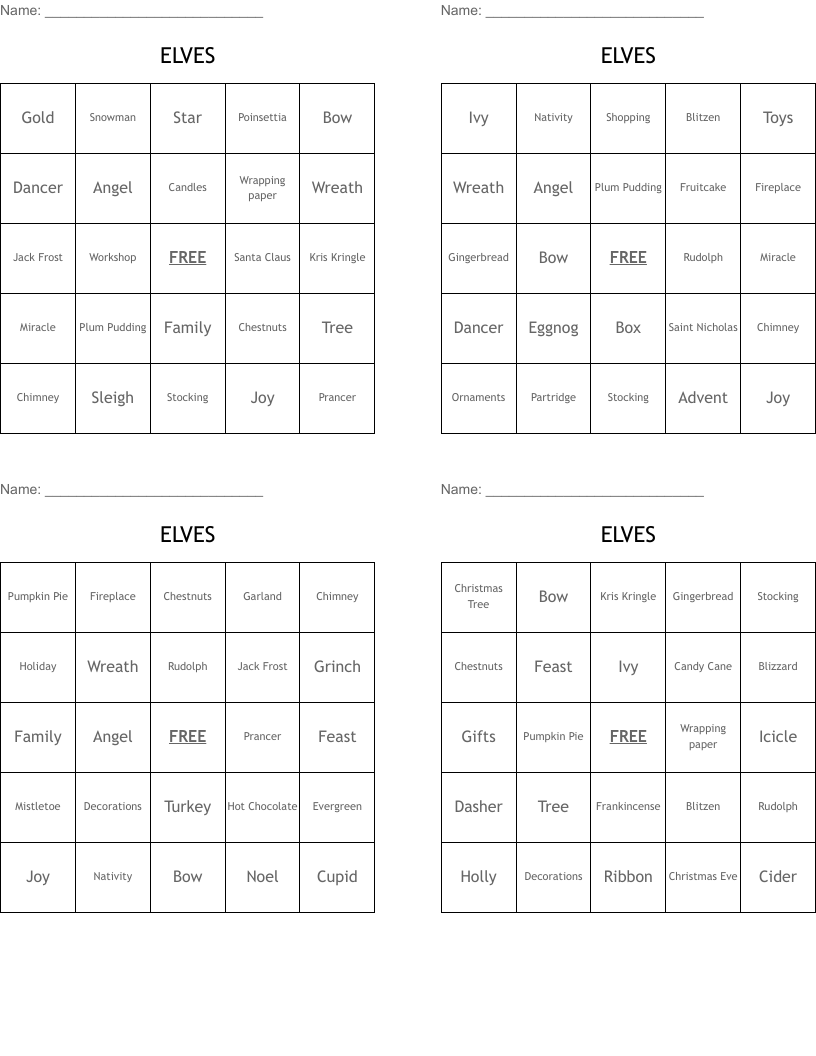 ELVES Bingo Cards