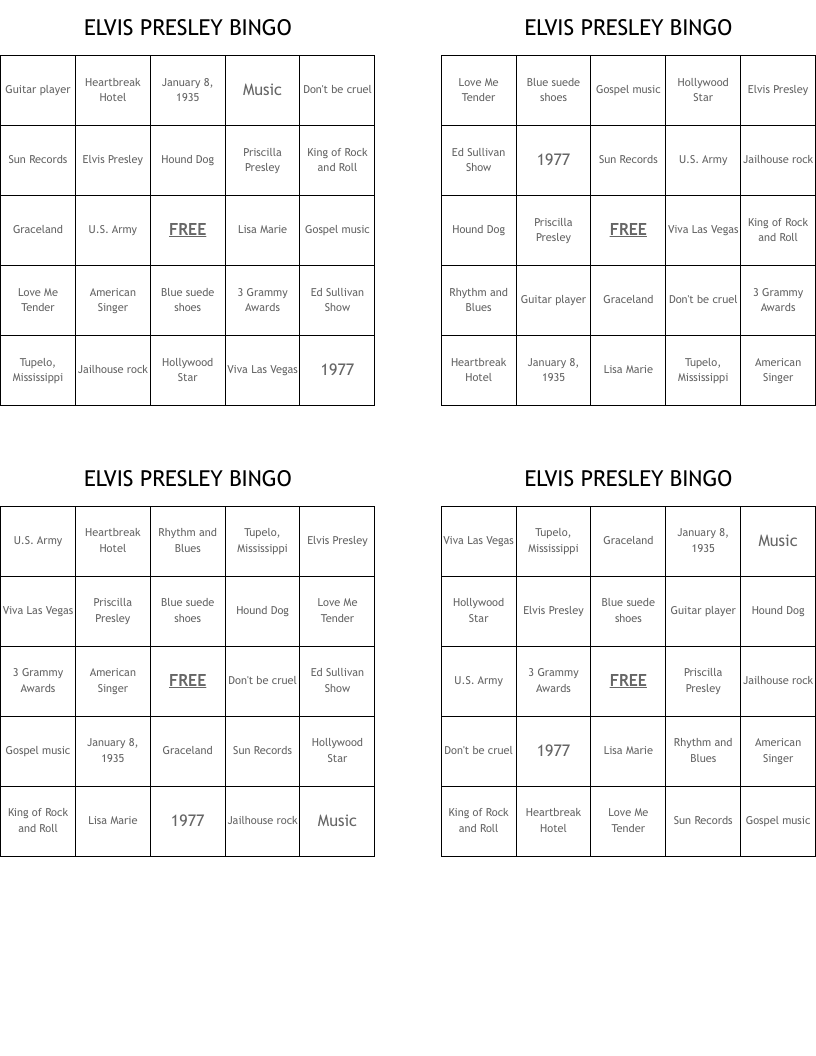 ELVIS PRESLEY BINGO